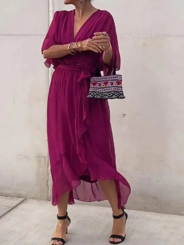 Robe fluide verte à encolure en V pour femme - Levi - Little Paris