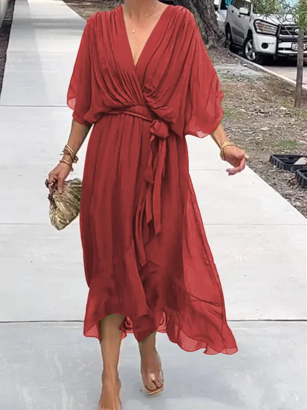 Robe fluide verte à encolure en V pour femme - Levi - Little Paris