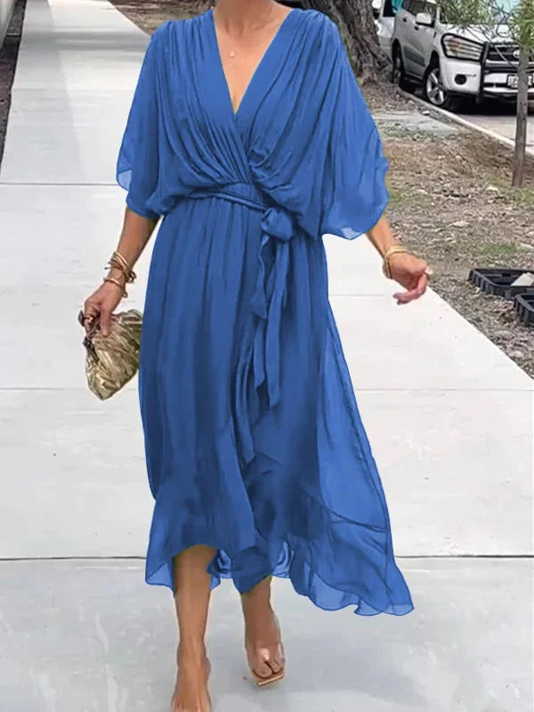 Robe fluide verte à encolure en V pour femme - Levi - Little Paris