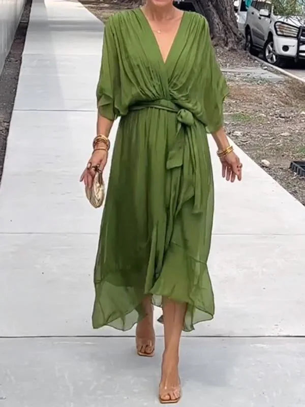 Robe fluide verte à encolure en V pour femme - Levi - Little Paris