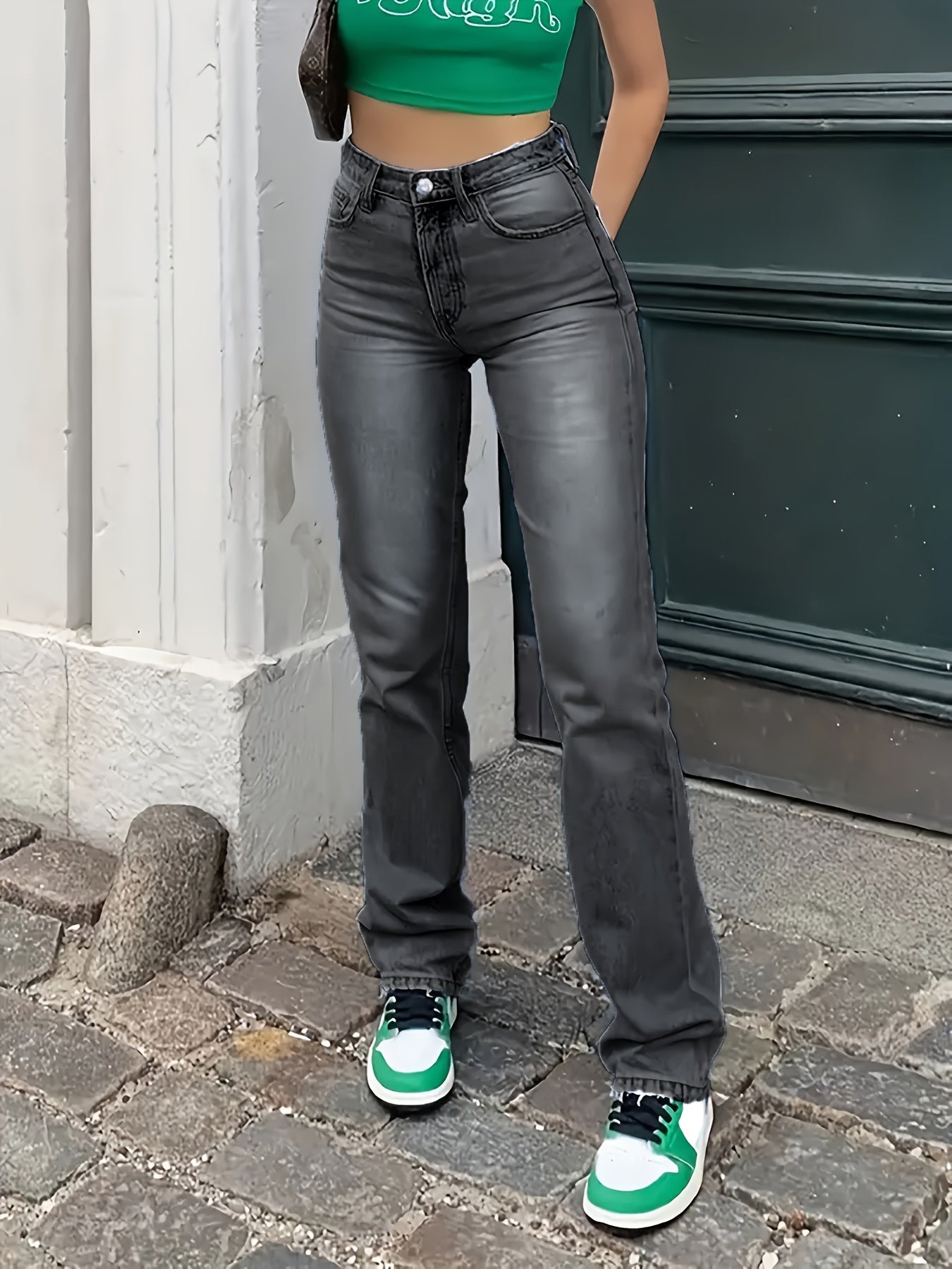 Jean taille haute à jambe droite -Bianca - Little Paris