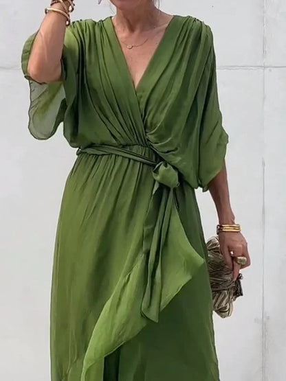 Robe fluide verte à encolure en V pour femme - Levi - Little Paris