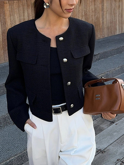 Veste en Tweed Boutonnée Décontractée à Manches - Donna - Little Paris Longues