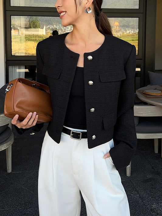 Veste en Tweed Boutonnée Décontractée à Manches - Donna - Little Paris Longues