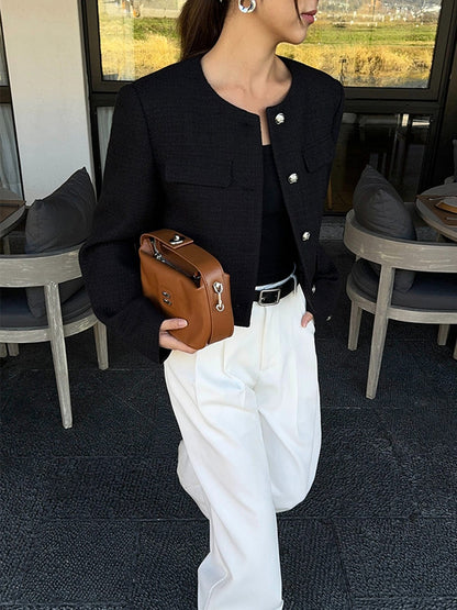 Veste en Tweed Boutonnée Décontractée à Manches - Donna - Little Paris Longues