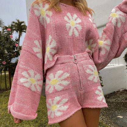 Ensemble tricoté fleuri stylé [Pull + Short] - Ouahiba - Little Paris