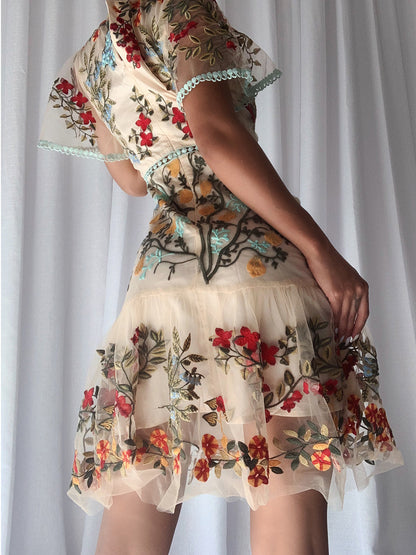 Robe Courte Transparente Brodée – Tulle Fleuri - Little Paris