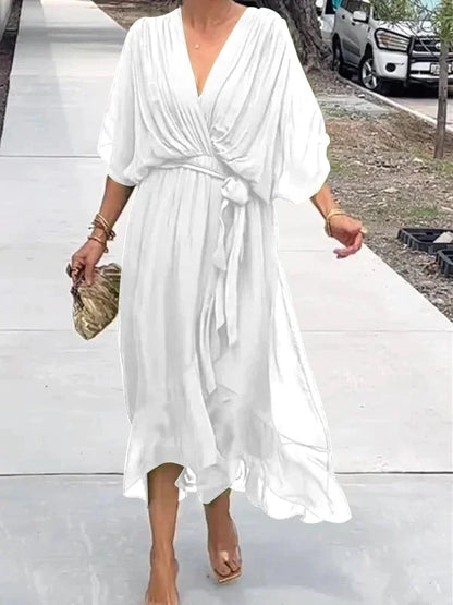 Robe fluide verte à encolure en V pour femme - Levi - Little Paris