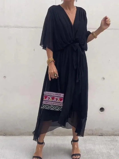 Robe fluide verte à encolure en V pour femme - Levi - Little Paris