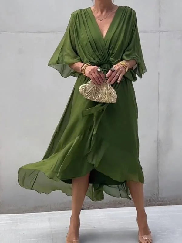 Robe fluide verte à encolure en V pour femme - Levi - Little Paris