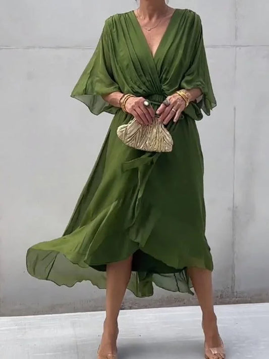 Robe fluide verte à encolure en V pour femme - Levi - Little Paris