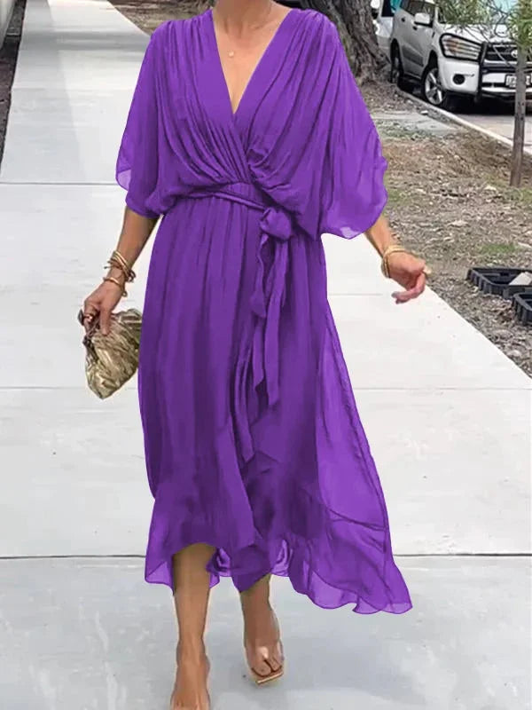 Robe fluide verte à encolure en V pour femme - Levi - Little Paris