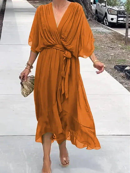 Robe fluide verte à encolure en V pour femme - Levi - Little Paris